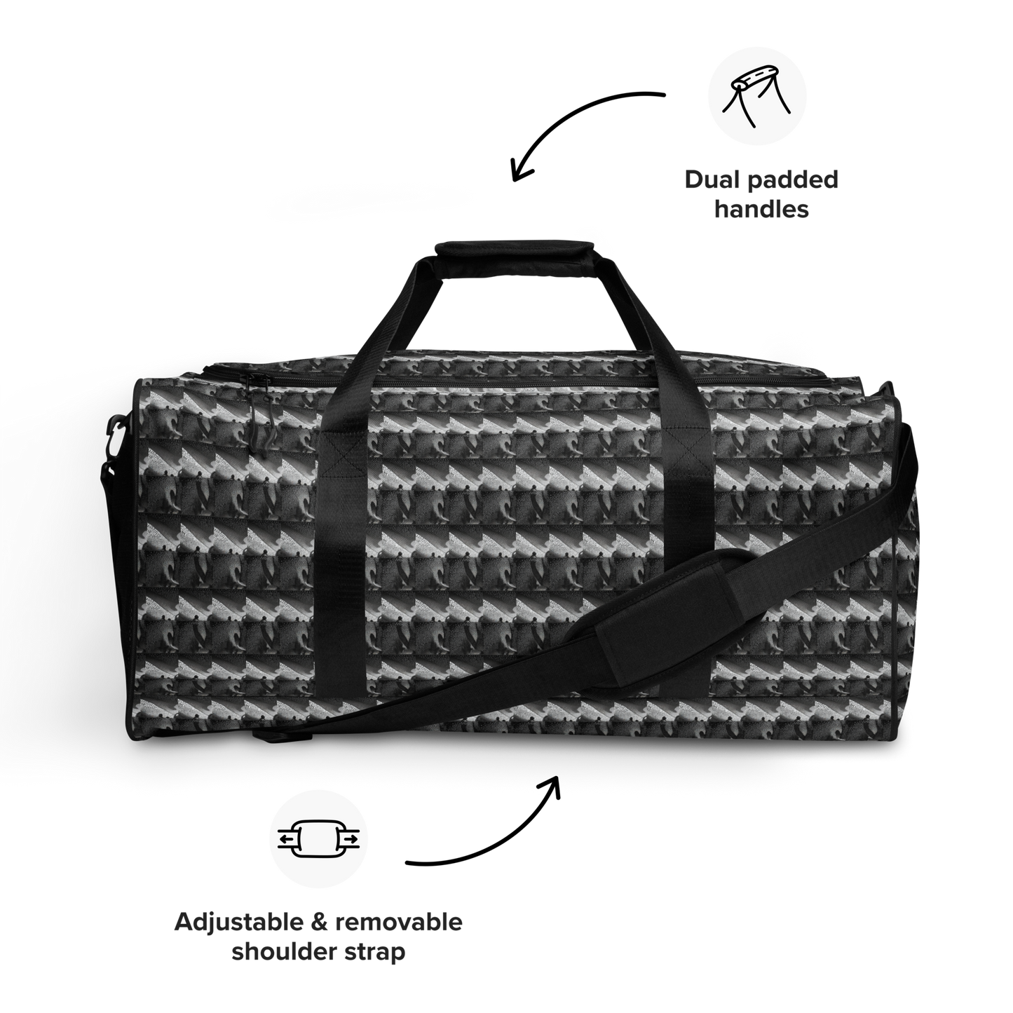 No matter where your adventures take you, beats.cali duffle bag ensures stability with T-piping, providing peace of mind as you navigate through bustling airports or busy city streets. Plus, with a mesh side pocket, accessing must-have items has never been more convenient. Elevate your travel experience with our Art-Inspired Duffle Bag—a perfect blend of durability, style, and functionality that's ready to accompany you on every journey.