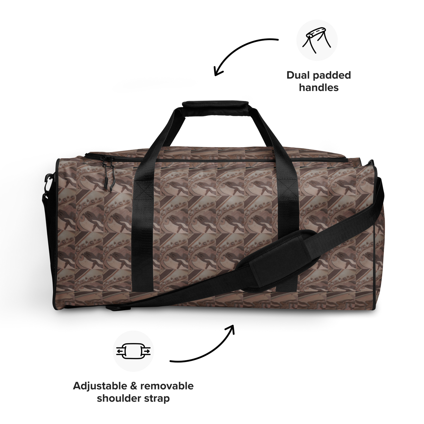 Introducing our Art-Inspired Duffle Bag, a fusion of durability, style, and practicality that redefines the standard. Inspired by the elegance of art, this bag is more than just a travel companion—it's a statement piece. Crafted with meticulous attention to detail, our duffle bag is built to last. Its robust construction, featuring 100% polyester with black interlining, ensures it can handle the demands of your busiest days.