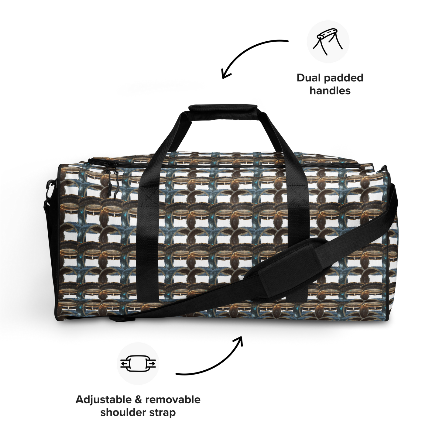 No matter where your adventures take you, our duffle bag ensures stability with T-piping, providing peace of mind as you navigate through bustling airports or busy city streets. Plus, with a mesh side pocket, accessing must-have items has never been more convenient. Elevate your travel experience with our Art-Inspired Duffle Bag—a perfect blend of durability, style, and functionality that's ready to accompany you on every journey.