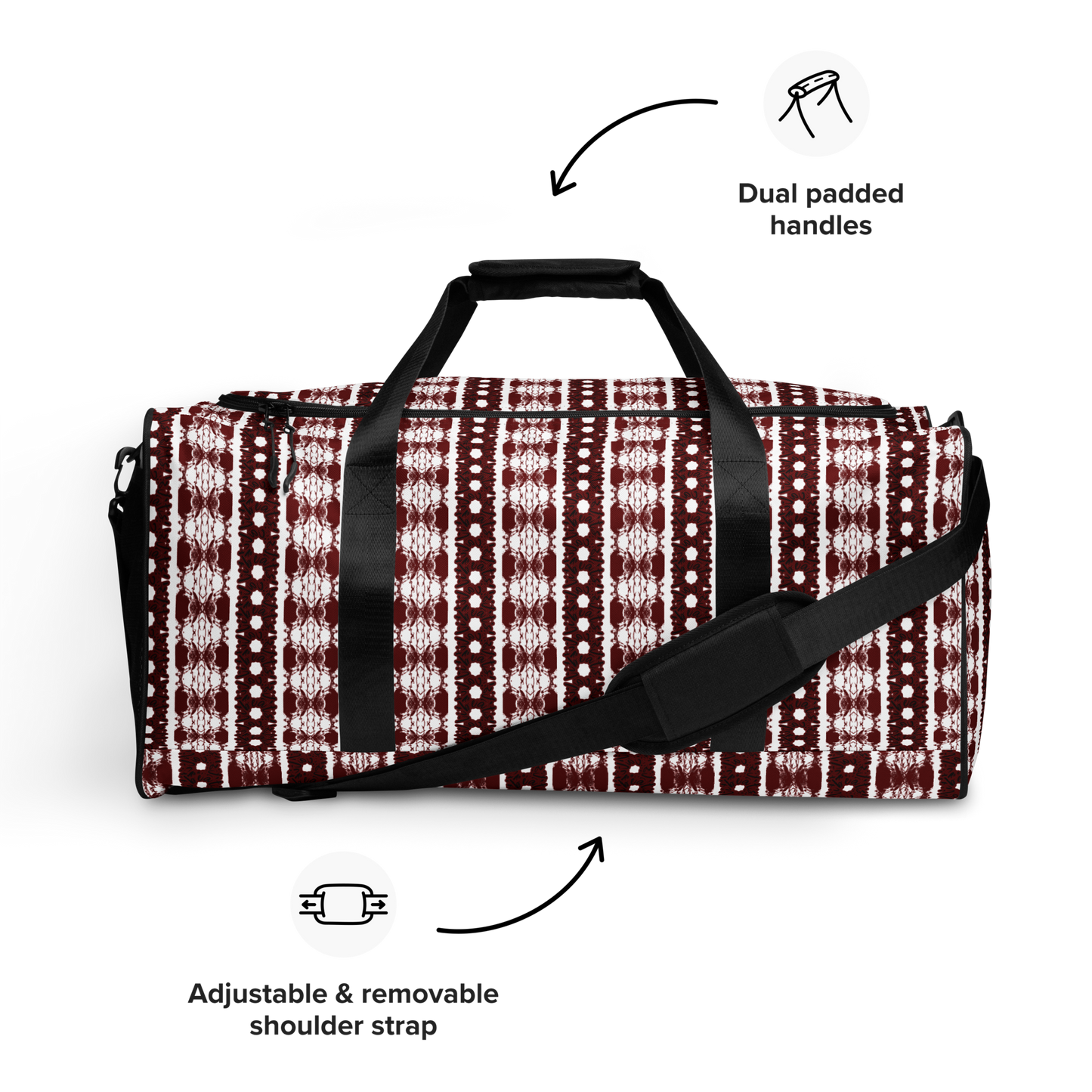 Our duffle bag is built to last. Its robust construction, featuring 100% polyester with black interlining, ensures it can handle the demands of your busiest days. With a generous interior space measuring 22" x 11.5" x 11.5", staying organized has never been easier. Utilize the multiple pockets, including a secure zipper pocket, to keep your essentials within reach. our duffle bag ensures stability with T-piping, providing peace of mind as you navigate daily.