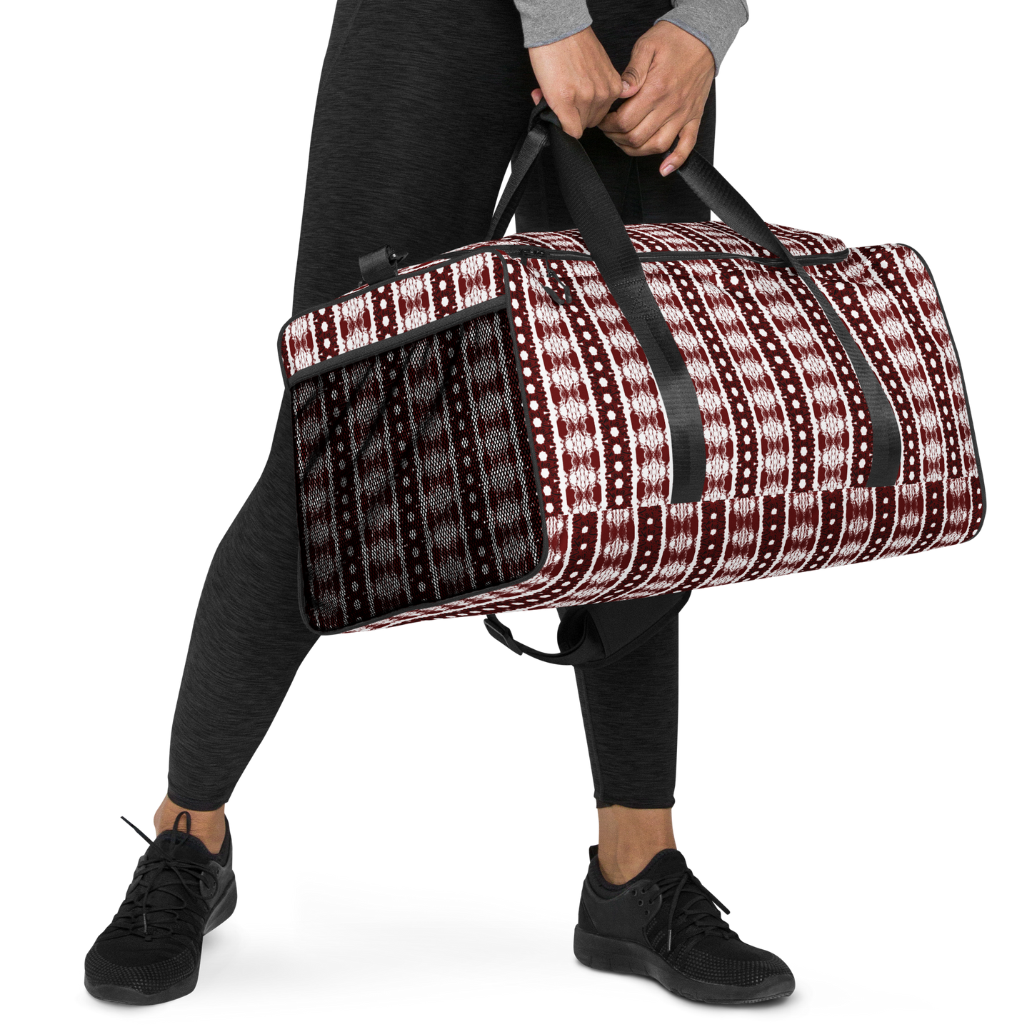 Our duffle bag is built to last. Its robust construction, featuring 100% polyester with black interlining, ensures it can handle the demands of your busiest days. With a generous interior space measuring 22" x 11.5" x 11.5", staying organized has never been easier. Utilize the multiple pockets, including a secure zipper pocket, to keep your essentials within reach. our duffle bag ensures stability with T-piping, providing peace of mind as you navigate daily.
