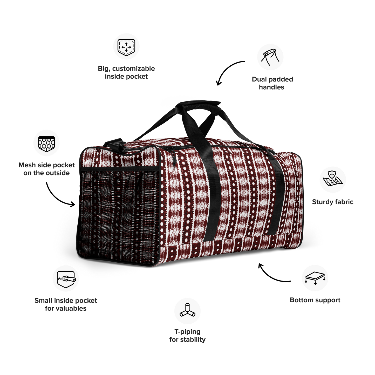 BEATS.CALI duffle bag is built to last. Its robust construction, featuring 100% polyester with black interlining, ensures it can handle the demands of your busiest days. With a generous interior space measuring 22" x 11.5" x 11.5", staying organized has never been easier. Utilize the multiple pockets, including a secure zipper pocket, to keep your essentials within reach. our duffle bag ensures stability with T-piping, providing peace of mind as you navigate daily.
