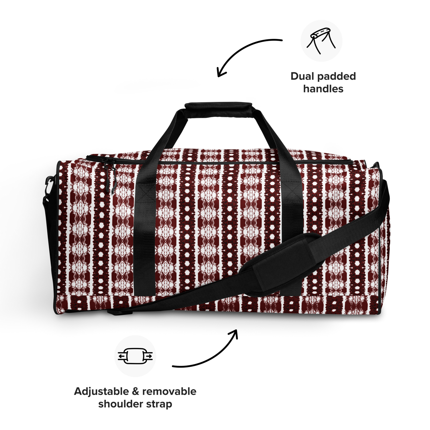 Our duffle bag is built to last. Its robust construction, featuring 100% polyester with black interlining, ensures it can handle the demands of your busiest days. With a generous interior space measuring 22" x 11.5" x 11.5", staying organized has never been easier. Utilize the multiple pockets, including a secure zipper pocket, to keep your essentials within reach.&nbsp; our duffle bag ensures stability with T-piping, providing peace of mind as you navigate daily.